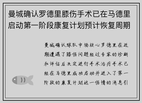 曼城确认罗德里膝伤手术已在马德里启动第一阶段康复计划预计恢复周期受关注 曼城确认罗德里膝伤手术已在马德里启动第一阶段康复计划预计恢复周期受关注